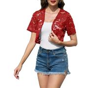 Sopesil Boleros de Encaje Verano Toreras Ligero Cardigan Corta Elegante Fiesta Boda Shrug para Vestido Top Abierta Versátil, Rojo Vino, S