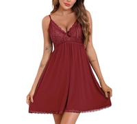 Sopesil Camisones para Mujer Sexy Camisón de Mujer Negligees Encaje Chemises Camisón Cuello en V Tirantes Sleepwear con Tanga, Rojo, S