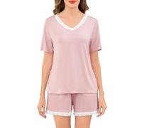 Sopesil Pijamas de Mujer Manga Corta Conjunto de Pijamas Modal Cuello en V con Encaje Ropa de Dormir Sleepwear con Bolsillos Suave Transpirable, Rosa Carne, M