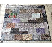 Sophia-Art Colcha india para cama individual o king india con retazos étnicos, colcha india de seda antigua bohemia Sari Kantha, colcha de patola (gris, 127 x 177 cm)