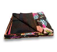 Sophia Art Indian Frutas patrón de Colcha Reversible Azul Gudri Pure Cotton Kantha Estilo Edredón Flores y Frutas impresión Decorativa Kantha Stitch Quilt 90 x 108 NCH., algodón, Negro, 90X108 Inches