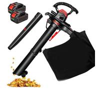 Soplador Aspirador de Hojas con Batería, 340 km/h y 6 Velocidades | Bolsa colectora de 40 L con ruedas de apoyo para hojas en jardín, césped, caminos, terrazas y entradas(2 Battery)