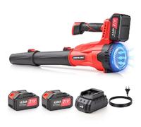 Soplador de Hojas a batería 21V con 2 baterías 4.0Ah, 75 m/s | Caudal de aire de 13 m³/min con 6 niveles de potencia para una limpieza rápida y precisa.