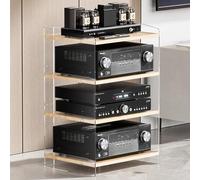 Soporte acrílico para altavoz, estante esquinero de torre de 3 niveles para reproductor de discos y receptor, soporte de audio y video resistente para sala de estar, juegos y grabación (color madera