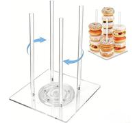 Soporte acrílico para donas con exhibición giratoria de postre Lazy Susan, base cuadrada transparente resistente, cuatro varillas de soporte altas, fácil montaje para bodas, fiestas, baby showers