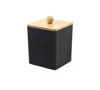 Soporte acrílico para hisopos de algodón con tapa de bambú, organizador de 3 compartimentos para bolas de algodón y almohadillas de maquillaje, tarro de almacenamiento transparente de boticario (negro