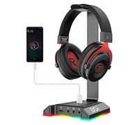 Soporte Auriculares Gaming con RGB, Sonido Envolvente 7.1 Soporte Cascos con 3 Puertos 3.5mm y 2 Puertos USB, Accesorios Gaming para PC, Aluminio Soporte Cascos Gaming para PC/Netbook/Gamer