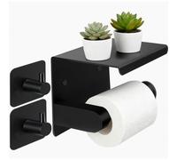 Soporte autoadhesivo para papel higiénico con estante, acero inoxidable, montaje en pared, con 2 ganchos adhesivos, color negro, no requiere