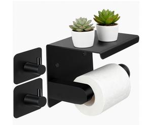 Soporte autoadhesivo para papel higiénico con estante, acero inoxidable, montaje en pared, con 2 ganchos adhesivos, color negro, no requiere