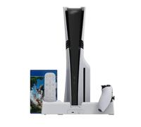 Soporte con Estación de Enfriamiento Consola para PS5 Pro, Soporte de Enfriamiento Vertical para Consola de Juegos con Soporte de Carga para Mando y Estante para Almacenamiento de Discos