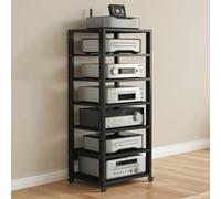 Soporte de 7 niveles ajustable HiFi AV, torre de audio móvil y reproductor de CD para sala de estar, cine en casa, oficina, gabinete de componentes negro con estantes de madera