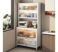 Soporte de almacenamiento para microondas de 6 niveles con puerta abatible, estante de cocina para panadería, 4 ganchos, solución de almacenamiento para el hogar y la oficina, organizador de despensa