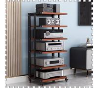 Soporte de audio de 6 niveles con rueda de freno, negro + soporte abierto de teca para componentes de audio y video, gabinete de torre estéreo de esquina