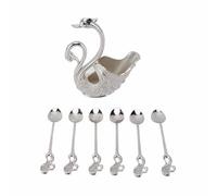Soporte de base de cisne dorado, soporte de base organizador de cucharas de postre de cisne decorativo de mesa con 6 cucharas de café para café, fruta, postre, agitación, mezcla (Plata Blanco)