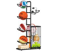 Soporte de bolas de metal con 5 soportes extraíbles para pelotas y cesta de almacenamiento, cesta de pelotas para baloncesto, fútbol y voleibol, estantería deportiva para garaje, sótano, hogar, fútbol