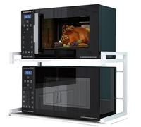 Soporte de cocina retráctil para microondas con estantes de metal dobles, solución de almacenamiento de suelo blanco para microondas e impresora, diseño de ahorro de espacio en color negro