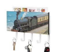 Soporte de cuero para llaves de pared con caja de almacenamiento pequeña, organizador decorativo para colgar llaves de Steam Train by The Sea, 5 ganchos grandes para llaves, correo, bolsos, abrigos