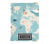 Soporte de cuero para pasaporte de viaje, antirrobo, para hombres, documento de viaje, mapa del mundo con personajes de animales y temas de vuelo