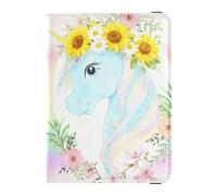 Soporte de cuero para pasaporte, diseño de unicornios azules con girasol y corona de margaritas, para viajes, billetera de viaje antirrobo para viajes de negocios familiares