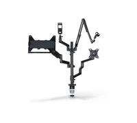 Hama Soporte de monitor para configuración de transmisión (4 brazos, altura regulable, orientable, inclinable, brazo de micrófono, trípode de mesa, para 2 monitores, micrófono, cámara, luz de