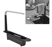 Soporte de esponja para fregadero de cocina, estante de almacenamiento de fregadero telescópico para cepillo de esponja, jabonera, trapo de tela, organizador de fregadero extensible de PP Negro