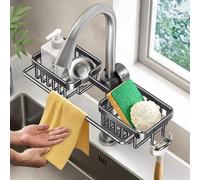 Soporte De Esponja Para Fregadero De Cocina,Soporte De Esponja Para Grifo,Estante De Almacenamiento De Grifo Plástico De Aluminio Dos Recipientes Con Toallero Para Trapo De Esponja Baño(Negro)