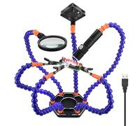 Soporte de estación de soldadura de aleación de aluminio de 6 garras, con lupa iluminada y ventilador, abrazadera auxiliar universal