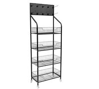 Soporte de exhibición de 4 niveles, estante de almacenamiento de alambre de metal con ruedas y ganchos, estante de exhibición de dulces y aperitivos, solución de comercialización versátil