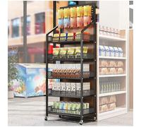 Soporte de exhibición de 5 niveles negro con ruedas y ganchos, estante de metal para aperitivos, hogar, cocina, oficina, solución de almacenamiento conveniente
