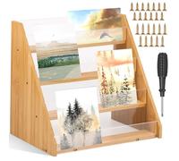Soporte de exhibición de cartón de 4 niveles, folletos de felicitación, soportes de exhibición de tarjetas de felicitación, 34 x 22,5 x 31 cm, elevadores de exhibición de calcomanías de madera,