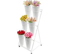 Soporte de exhibición de flores, 2 capas de metal resistente, estante móvil de hierro forjado, soporte de exhibición de flores de hierro con cubos de plástico y rueda, para jardín, patio