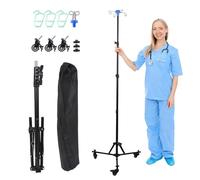 Soporte de infusión ajustable con ruedas, altura ajustable de 90 a 190 cm, barra IV plegable con 4 ganchos, 3 bolsillos de malla y 1 bolsa de almacenamiento, soporte IV portátil para hospital y