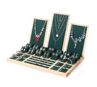 Soporte de Joyería Estante de madera for guardar pendientes, bandeja for joyas, anillos, collares, juego para Exhibición y Almacenamiento(Verde)