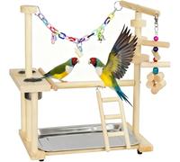 Soporte de juego para pájaros, Aartner para pájaros, madera, 36 x 25 x 34 cm, soporte para loros, soporte de juego con taza de comida de acero inoxidable, columpio, escalera, para Perruche Ondulée
