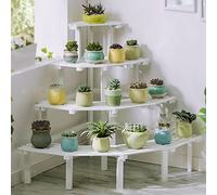 Soporte de madera blanco de 4 niveles para plantas, estante esquinero para sala de estar, balcón y uso al aire libre, estante decorativo para alféizar de ventana y jardín