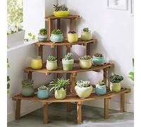 Soporte de madera de 4 niveles para plantas de esquina para sala de estar y balcón, acabado natural, estante de flores para interiores y exteriores, perfecto para exhibir plantas y flores
