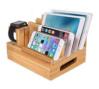 Soporte de madera de bambú para estación de carga de escritorio, soporte de soporte de carga compatible con iPhone XS MAX XR X 8 7 6 6S Plus iPad Mini Pro Apple Watch/iWatch 2 3 4 Samsung Smartphone