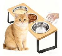 Soporte de madera elevado para comederos de gatos con tres platos de acero inoxidable, ideal para alimentar y dar agua a tus cachorros y gatos