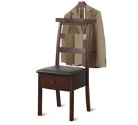Soporte de madera independiente para trajes con asiento y bandeja - Mayordomo de ropa Slish con barra para pantalones y contorno, para sala de estar, oficina, vestidor