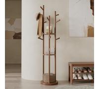 Soporte de madera maciza Rotary Coat Rack con 3 estantes y 9 ganchos, árbol de abrigo independiente resistente para el dormitorio de la sala de estar de la entrada, organizador de ahorro de espacio pa