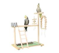 Soporte de madera natural para pájaros, soporte para loros, para periquitos, cacatúa, conure, con tazas de alimentación, escalera, juguete para masticar