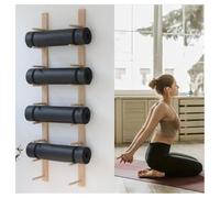Soporte de madera para esterilla de yoga de 3 niveles, estante de almacenamiento independiente que ahorra espacio para el hogar y el gimnasio, elegante organizador para equipos y accesorios de yoga