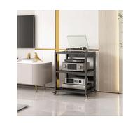 Soporte de medios AV ajustable con ruedas, estante de consola de entretenimiento de 3 niveles para almacenamiento de DVD y CD, estante de audio moderno para reproductores de discos, soporte de torre