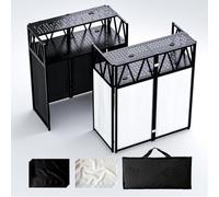 Soporte de mesa portátil para DJ, cabina de fachada D J plegable de alta resistencia con malla blanca y negra totalmente metálica con agujero para cable y bolsa de transporte, para fiestas, eventos