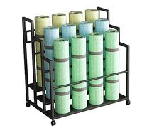 Soporte de metal para esterilla de yoga con ruedas - Soporte portátil e independiente para esterillas de yoga, rodillos de espuma y bandas de resistencia - Equipo de fitness en casa (negro, 95 x 64 x