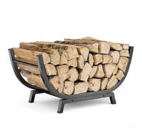 Soporte de metal resistente para leña con base trapezoidal para patio, terraza, jardín, 77,5 x 33,5 x 43 cm