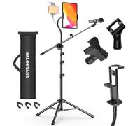 Soporte de micrófono con clip para iPad, soporte de micrófono plegable de piso con clip para teléfono, brazo de trípode resistente con 2 clips de micrófono y bolsa de transporte para cantar escenario