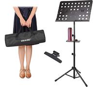 Soporte de música, soporte de música, soporte ajustable y plegable de viaje de metal con bolsa de transporte, bandeja de música y soporte de clip para hojas de música para rendimiento instrumental