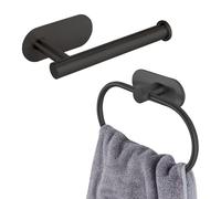 Soporte de Papel Higiénico/Anillo de Toalla Autoadhesivo, Eolax sin perforación Baño Negro Accesorios de Hardware, Soporte de Papel y Toalla Adhesivo Acero Inoxidable, Montado en la Pared, 2 Piezas