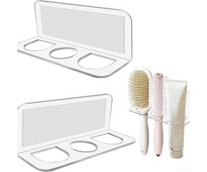 Soporte de pared acrílico blanco para cepillo de pelo, paquete de 2 con cinta fuerte para encimera de baño, ahorro de espacio, estante de almacenamiento transparente para peines, cepillos y